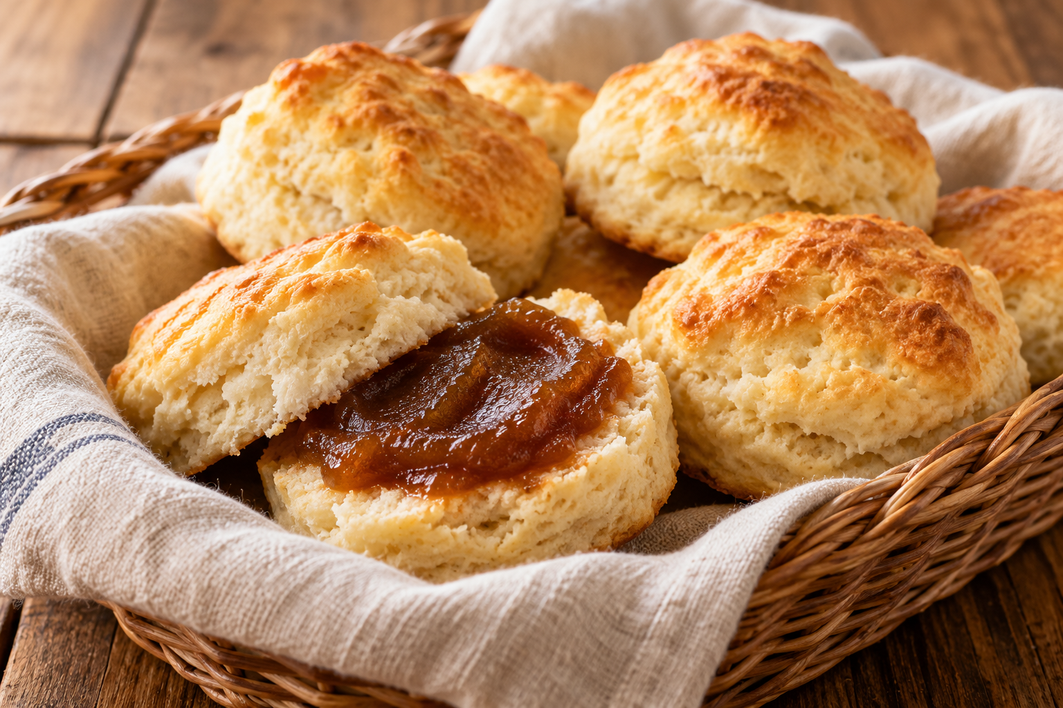 Basket of golden biscuits with an open biscuit spread with apple butter