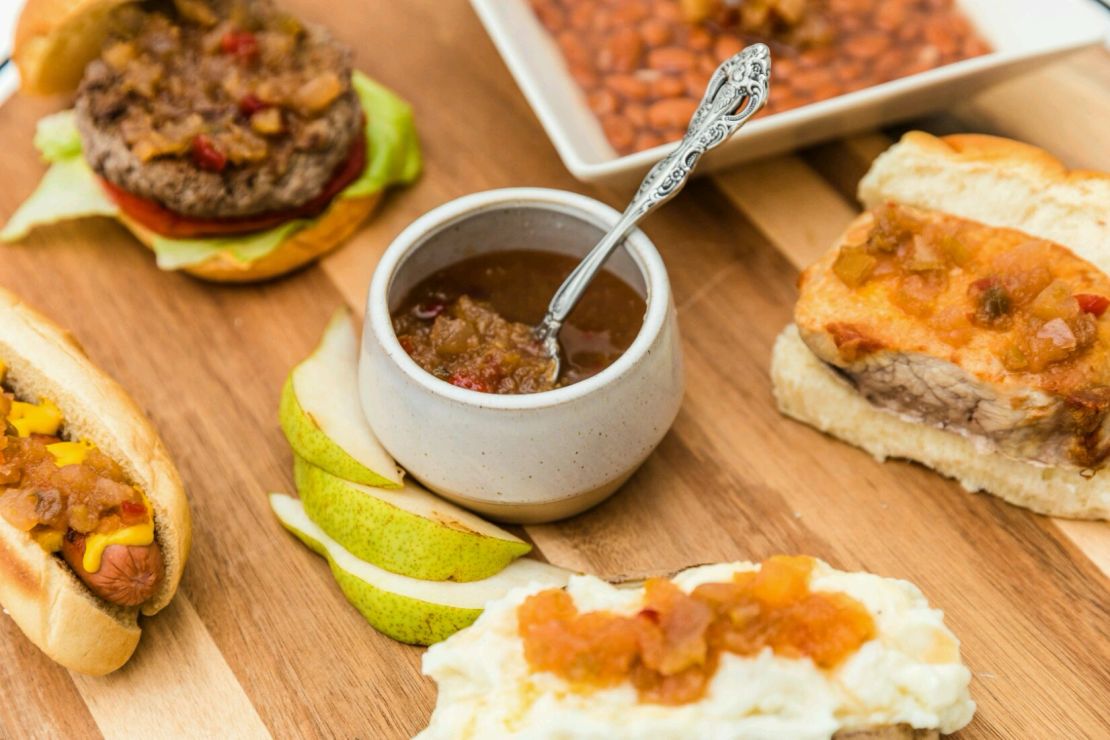 Relish with burgers, beans, and sandwiches