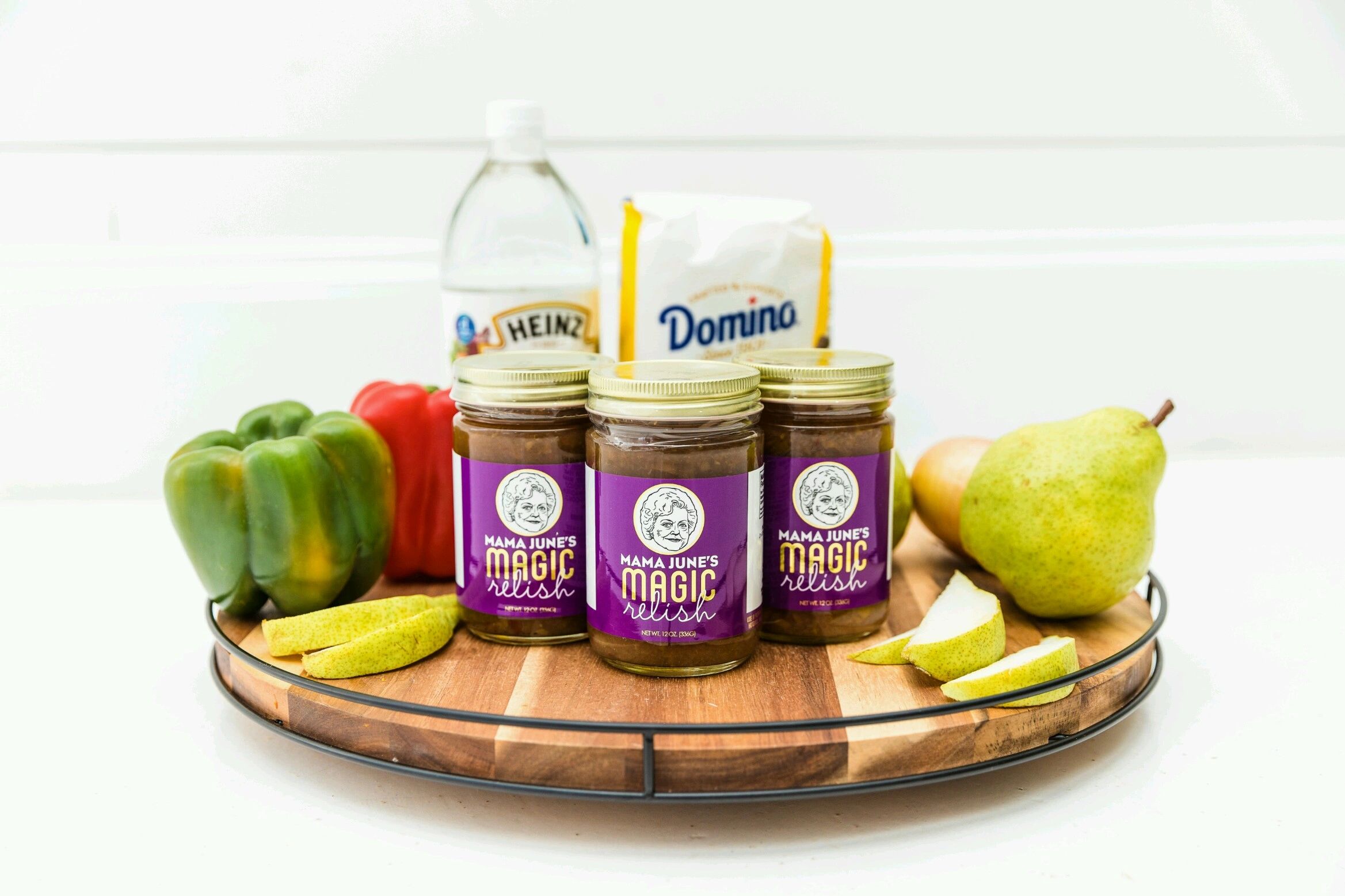 Mama June’s Magic pear relish jars with fresh pears and peppers