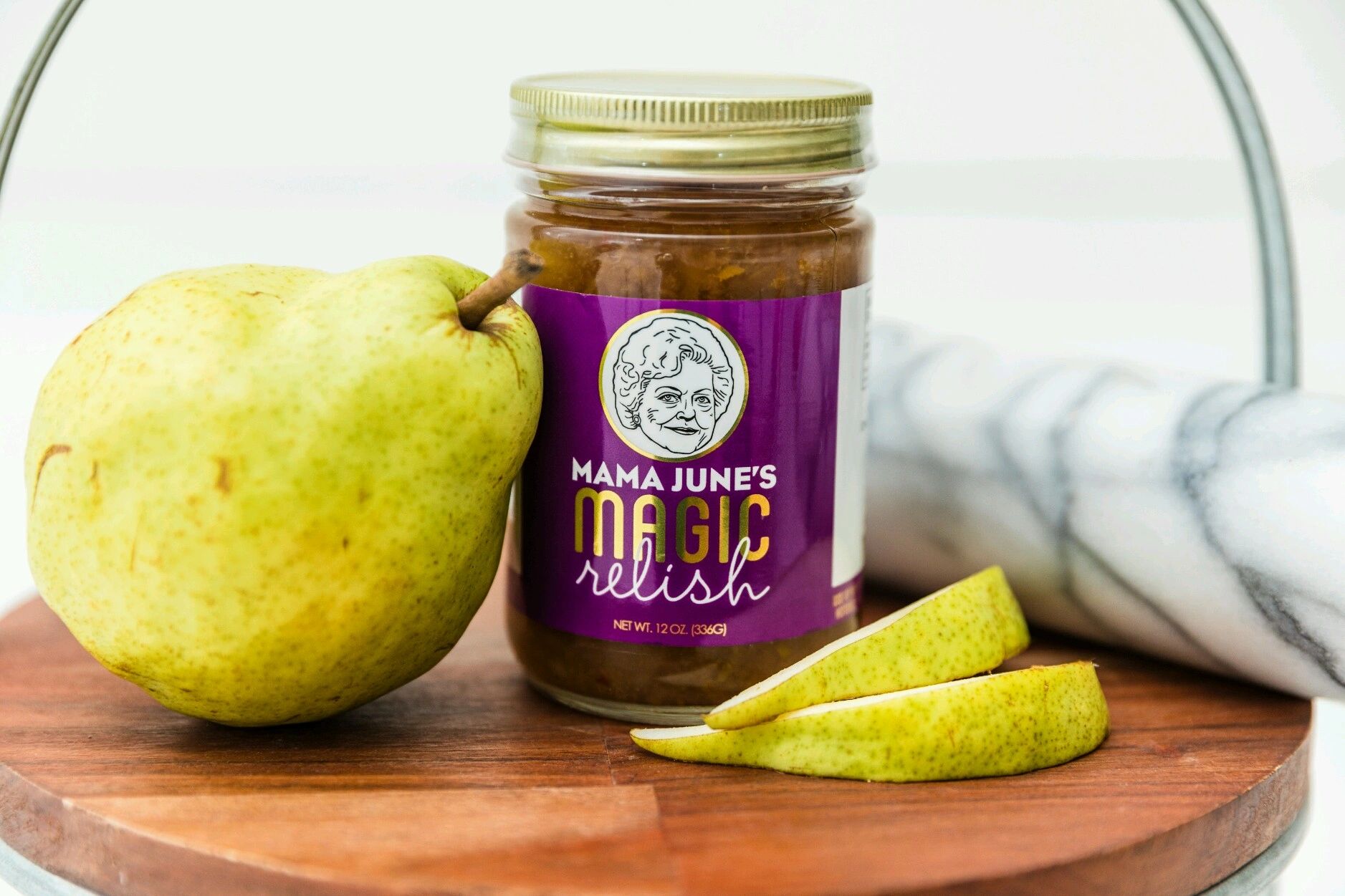 Mama June’s Magic Relish jar with fresh pears